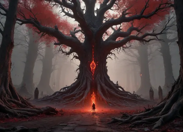 fantasy apocalypse, dark dystopian world, ruined ancient city overgrown with roots and crystals, blood-red sky with ominous black clouds, glowing magical runes on cracked ground, group of survivors in tattered cloaks and bone armor, shadowy creatures and mutated beasts roaming the ruins, massive otherworldly portal leaking dark energy, ethereal ghosts floating in the air, dark forest with bone-like trees and glowing veins, cinematic lighting, high detail, dark fantasy aesthetic, death symbolism, contrast of light and shadow