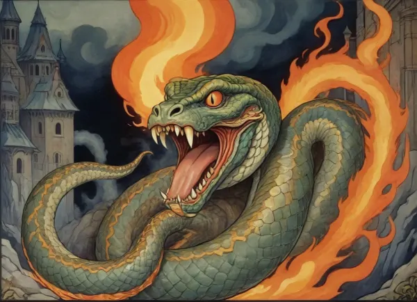 a terrible, vicious, three-headed snake gorynych, spewing flames and smoke from his mouth, in the style of Bilibin's painting, Style, page, style, of, Ivan, Bilibin, <lora:Ivan Bilibin Style:.8>, <lora:tbh166-sdxl:.8>