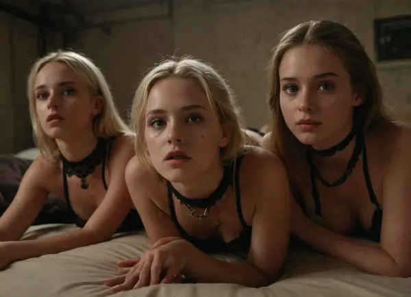 In the bunker basement: a canvas of desire - three blonde bound beauties await their next move
