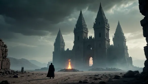 An abandoned temple in the desert, shrouded in fog and darkness, with cracks on the walls and glowing runes. In the center of the temple, a magical ritual is performed involving a black-robed figure holding a crystal with pulsing energy. The temple is surrounded by a dead desert of ancient machinery and half-buried statues. In the background, you can see the silhouettes of huge ruined towers, and the sky is covered with ominous greenish clouds. Ghostly dragons or spirits hover in the air, lighting up the scene with a cold glow. Cinematic lighting, high detail, dark fantasy aesthetics, symbolism of destruction and magic.