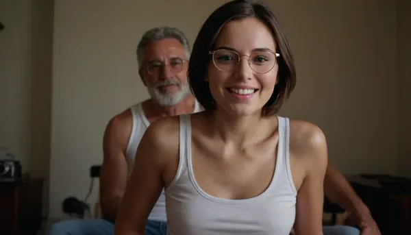 A fat old man, naked, pronounced belly, short gray hair, short gray beard, is having his cock jerked off, a sexy and hot girl, 21 years old, short and slim, perfect blue eyes, large, round, thin gold glasses, long straight dark brown hair with a middle part, white cotton tank top, black jeans, looking at the camera, very cute smiling face, the cutest woman