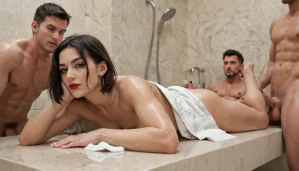 a old woman lying, two men standing, one slender black bob cut hair Polish MILF, 70 yo polish granny, long nose, big nose, flat chest, steep arched eyebrows, shadowed eyes, light eyes, red lipstick, marked cheekbones, half closed big eyes, drop of oil saggy tits massage table, seen from behind hiding behind a wall, spying 2 nude virile young men in, ((unfastened white lab coat, caressing her)), having fun in a shower gym. fit and muscular men, virile men, soapy men, showing, his, face, and, cock, <lora:FaceAndCockV2:.5>, <lora:276883_training_data:.5>, <lora:rearpussy-xl-1.0:.5>, <lora:realistic_male_ass:.5>