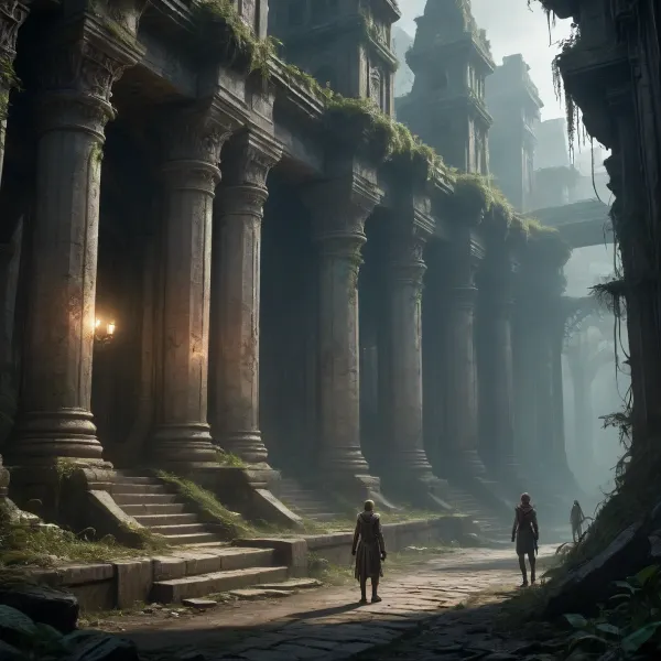 A dark fantasy dystopian scene with a highly detailed and atmospheric environment. The world is ruined yet magical — overgrown ruins, polluted with glowing anomalies, twisted nature, and remnants of lost civilizations. The light is dim or unnatural, casting eerie shadows. Creatures and characters are mystical but scarred by the harsh world — hybrids, beast-like beings, elves, or fairies with a dangerous or wild edge. The art style combines cyberpunk elements with medieval fantasy, featuring muted colors, metallic textures, glowing runes, and post-apocalyptic flora. Emphasize mystery, decay, and hidden ancient power.