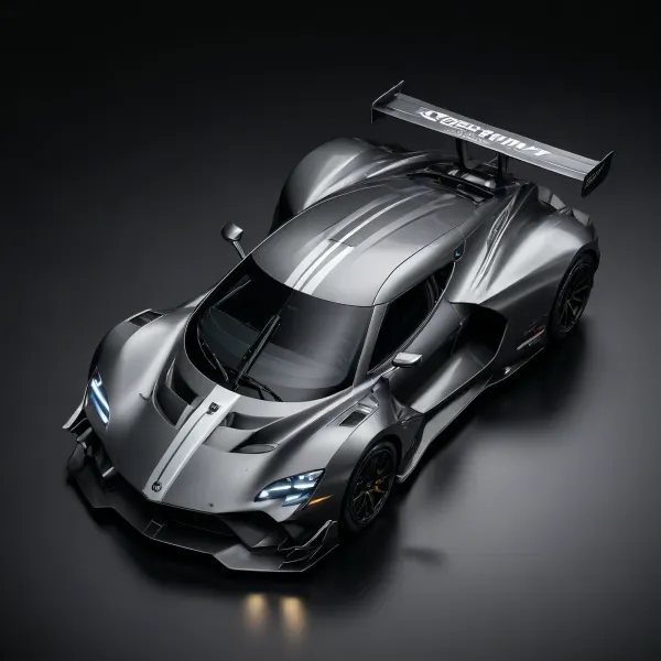 masterpiece, best quality, ultra-detailed, 8K, photo-realistic, full body, isometric view, from front, cyber world, gunmetal and black rugged racing_car parked with wing_motif white_decoration, (simple black background:1.2)