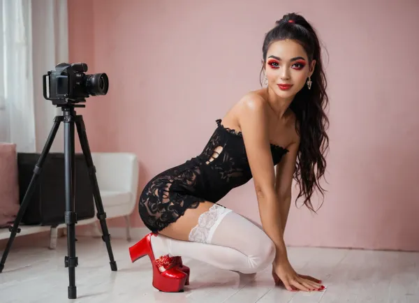 strikingly beautiful woman, slender, very cute tall, (very small breasts), beautiful eyes, open eyes, narrow shoulders, beautiful, attractive, natural beauty, slim latina, very very very by but yes long black straight hair, high ponytail, ((black short lace dress)), ((white lace stockings)), ((red platform shoes)), rainbow makeup, deep red lips, ((in her pink room)), he crouches with legs wide apart, with camera in hand, (((he is holding a foto camera in his hand))), whole body visible, delicate smile, (best quality), (realistic, photorealistic), (high detailed skin), soft lighting, sharp focus, high quality, beautiful proportions, (wide hips), round ass, thick, thin arms, natural light, vulnerable, innocent, sexy