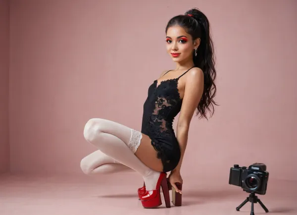 strikingly beautiful woman, slender, very cute tall, (very small breasts), beautiful eyes, open eyes, narrow shoulders, beautiful, attractive, natural beauty, slim latina, very very very by but yes long black straight hair, high ponytail, ((black short lace dress)), ((white lace stockings)), ((red platform shoes)), rainbow makeup, deep red lips, ((in her pink room)), he crouches with legs wide apart, with camera in hand, (((he is holding a foto camera in his hand))), whole body visible, delicate smile, (best quality), (realistic, photorealistic), (high detailed skin), soft lighting, sharp focus, high quality, beautiful proportions, (wide hips), round ass, thick, thin arms, natural light, vulnerable, innocent, sexy