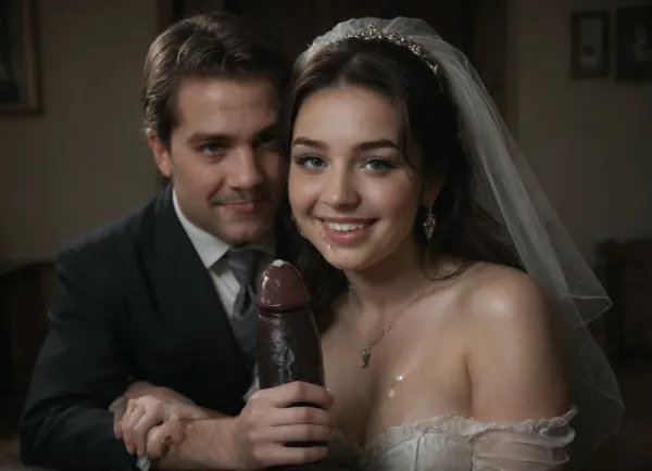 interracial, pov of black penis ., (((1white cuckold husband in suit is behind the bride hugging the bride he is happy and look at the camera))), very large black penis, The happy chubby Persian bride in sexy wedding dress, cum driping bride's chain' cum driping from black penis, drinking sperm from transparent glass cup, there is glossy and sticky sperm in cup, cup full of sperm, cum swallowing, ((gokkun)), (((cum drenched woman and man's face))), . cum dripping from the corners of her lips, The woman holds the cup under the black cock., happy, woman, cum, on, face, <lora:671410_training_data:1.1>, <lora:dark:.5>, <lora:677862_training_data:.8>, <lora:happy_v2:1>, <lora:JustCum:.8>