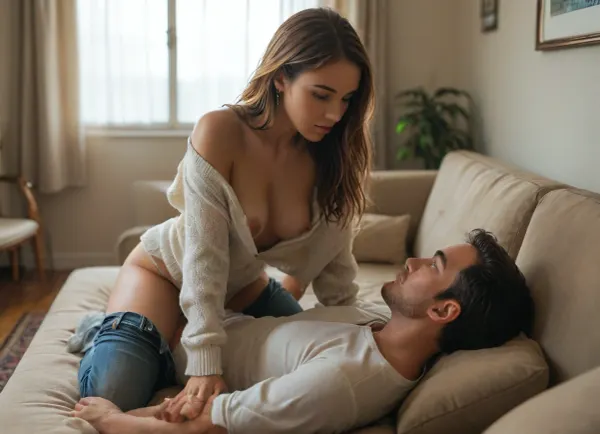 score_9, score_8_up, score_7_up, score_6_up, beautiful face, (college couple hooking up on a dorm room couch), 1man, 1woman, (couch), ((man lying sideways on couch)), propped up by the arm, ((girl straddling hips facing him)), girl with slim fit figure, unbuttoning Man's shirt, (woman wearing oversized sweater and panties), chunky knit sweater, overflowing cleavage, (sweater falling off shoulders), medium hanging breasts, one nipple exposed, man wearing jeans, jeans unbuttoned, man wearing unbuttoned shirt, (pulling down panties), window, heterosexual, (third-person view), (view over Man's shoulder), ((fully clothed)), fashionable, perfect body, long hair, undressing each other, (horny expressions), morning sunlight, (((perfect anatomy))), (realistic anatomy), (realistic pose), <lora:attractive_notrigger:.4>, <lora:MJ52:.5>