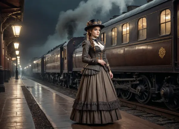 steampunk style railroad station, train arriving, steam locomotive first, late night, rainy windy whether, meet-and-greet girl in victorian dress standing aroundб зhotos in photochrome technique