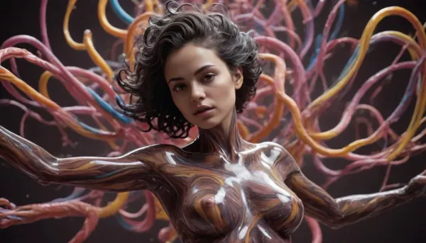 arafed image of a columbian woman, chaotic swirling ferrofluids, dribbble 8k, nekro xiii, sculpted out of candy, human bodies intertwined, scribbled lines, surrender, polychromatic, anthropomorphic, humanoid, aesthetic, diffuse subsurface scattering