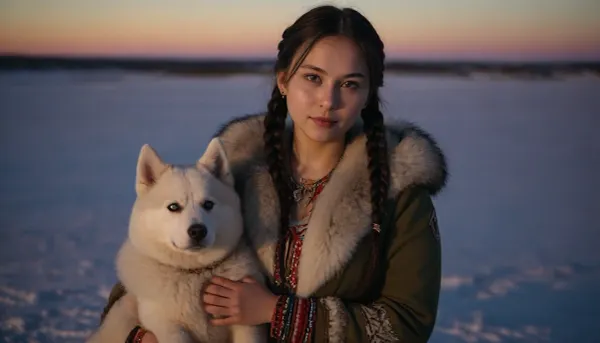 Siberian snowy tundra, night, northern lights, national dwelling from skins, chum, near the chum squats a beautiful young Evenk girl, wearing beautiful fur national clothes, clothes decorated with beads and national northern embroidery, long black hair is braided into two pigtails, the top of the parka is unbuttoned, ((the girl's breasts are barely covered, one nipple is visible)), the girl is hugging a fluffy Siberian husky, full-color picture, 8K quality, the whole body is in the frame.