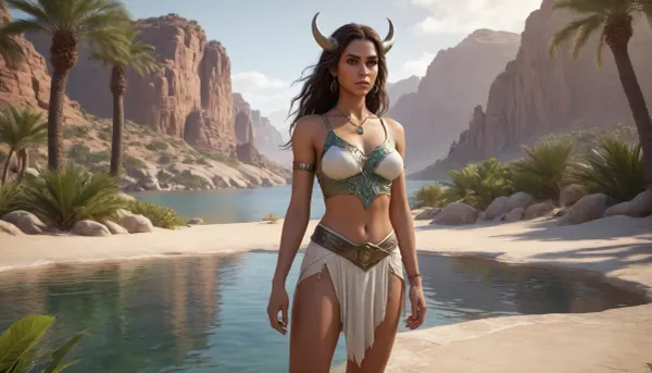 **Запрос, ** A cinematic fantasy scene of a desert oasis at sunset, A 25-year-old tan-skinned elf with a cute face, (soft features, large dark eyes, high cheekbones, long wavy brown hair with silver streaks), wears a white leaf-patterned silk tunic, leather belt, and sandals, standing calmly near a crystal-clear water pool surrounded by palm trees, blooming bushes, and rocky cliffs. Opposite her, a mutated minotaur with a scaly gray-green bull head, extra eyes on the forehead, grotesque muscular mutations, and a bone amulet stands tense but curious, his posture rigid yet non-aggressive. The distant low-angle view reveals vast dunes under an orange-violet sky, golden sunlight casting long shadows and reflections on the water, with misty haze adding mystery. Realistic digital painting style with hyper-detailed textures, (fabric, scales, water), warm-cool color contrast, and cinematic lighting. Inspired by Anna Rose Bain, 8K resolution, Unreal Engine 5.