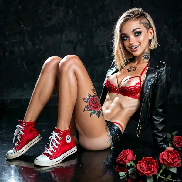 (Full body view), (((She is a 20 year old, short, cute petite and slim girl))), (with long, side-cut blonde hair), and, (big, cute blue eyes), (light freckles on her face), ., (She has braces on her teeth), (She has a cute petite slim body with tan lines), (((body covered in tattoos of roses and skulls all over her arms, legs, butt, lower abdomen, cleavage, back and neck))), (Her tits are medium sized, round and firm with small pink nipples), (her stomach is flat and sculpted), (her butt is tiny, round and firm with a very tight), ((She wears heavy, aggressive makeup)), ((a bright red lace bra)), (a leather jacket), ((very skimpy little leather shorts with a bright red thong visible underneath), and, (high-top red converse)), detailxl, braces, teeth, <lora:add-detail-xl:1.3>, <lora:braces-sdxl:.4>, <lora:SDXLHighDetail_v6-000005:.8>