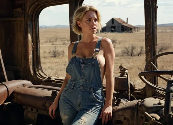post-apocalyptic farmhouse interior, rustic wooden beams, cracked walls, dust and cobwebs, dim natural lighting through broken windows, lone female farmer, early-to-mid-30s, short blonde hair, freckles, curvy, voluptuous figure, ample bosom, tight-fitting, torn overalls exposing smooth legs, dirty bare feet, one strap fallen off her shoulder, top button unfastened revealing a hint of her lacy black bra, holding a worn rifle in her strong hands, wistful gaze out the window, smoke rising in the distance, (((abandoned fields))), (((barren landscape))), (((dilapidated farm equipment))), melancholic mood, atmospheric lighting, warm color palette, high-detail, hyper-realistic, cinematic composition, 4k resolution, lens flare, depth of field effect
