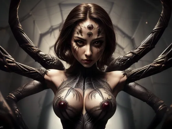 ((Photorealistic)), Beautiful, arachne woman, Human upper half, (spider lower body), large breasts, masterpiece, best quality, highly detailed, arachnecpt, <lora:add_detail:.4>, <lora:realistic_quality:1.1>, <lora:arachne_cpt_v01:.8>