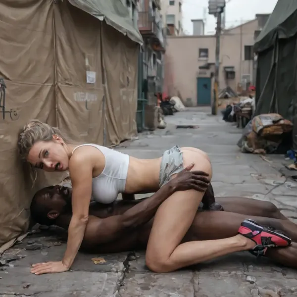 (1 young woman), blonde, caucasian, in college, no makeup, hair braided, tanned skin, detailed face, perky natural breasts, perfect shaped breasts, thigh gap, slender body, (realistic skin, perfect skin), slim, (perfect ass), tight ass, (wide hips), (blonde hair in an updo:1.3), thin waist, ((ultra realistic, high quality)), she is wearing a very short white tennis skirt and a white crop top, she is drunk and went to the homeless man who lives near her house to fuck him, (dirty New York City alley, cardboard beds and homeless tents), interracial, she is letting a stranger fuck her, a random fat old homeless African american black, ((cowgirl style, she is laying on top of him)), (1 old homeless man), fat, old man, ((homeless man is pounding her)), big cock, pressing her against a wall, rough, brutal pounding, in dark alley, woman shocked, (he is pulling her panties down to her knees), pulling down bra, breasts exposed, groping, show pussy, cumming, frightened, woman struggling, shaved pussy, escape, hold back clothes, woman pushing away, taking off torn bra, side view, ((brutal, vaginal penenetration)), brutally undressed, pressed on ground, cinematic still, focus on face, (photorealistic:1.6), ((natural realistic lighting, natural realistic shadows))