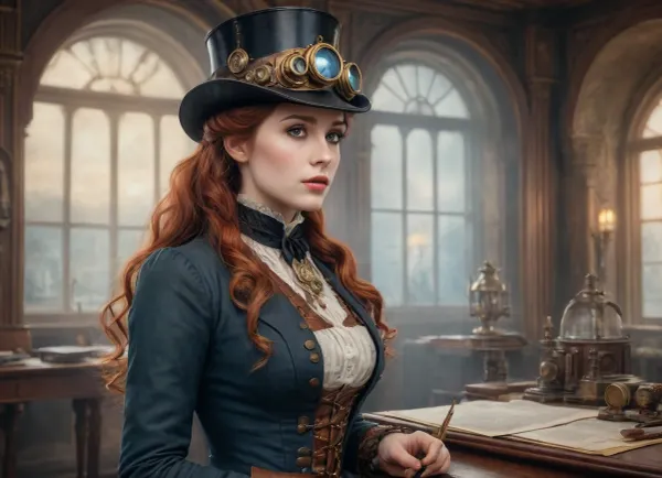 cinematic, steampunk watercolor, pencils, Victorian era 19th century, steampunk, liminal space, watercolor pencils