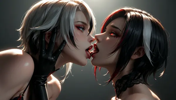 beautiful small perky breasts, arlecchino_\, (genshin_impact\), ((japan)), lube flowing, Mascara running, Black stockings, red briefs, ((Red glowing pupils)), ((Black gloves:1.5)), rimjob, lesbian, asslicking, cunnilingus, 2girls, girl, licking, shaved little pussy, futuristic-fantasy-anime, <lora:dark:.5>, <lora:arlecchino_new:.5>, <lora:Cunnilingus XL:.5>, <lora:futureistic_fantasy_anime_sdxl_v1:.8>, <lora:DisneySDXL-000014:.8>