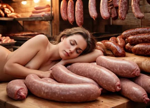 (woman lying and sleeping on butcher's stall in the middle of the fresh meat and big sausages), butcher, naked, meat lover, sausages
