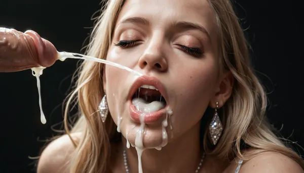 1 man and one 60 years old woman, close-up of a white mature woman's face, (small breasts:1), closed eyes, very long messy straight light blond hair, macro photo, very open mouth, full of cum erected 12 inch penis, (ejaculation:1.5), spurts cum straight in her mouth, mouth full of cum, cum caskade out of his penis, cum in mouth, black room, black background.