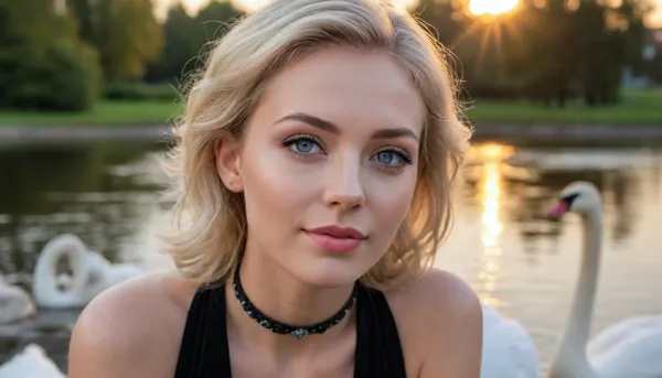 A digital portrait, A beautiful slender adult woman with blonde hair and blue eyes, She is smiling, She has a choker necklace around her neck and is wearing a black dress, She's sitting in the city park by a pond with swans, Her makeup is natural-looking with a subtle smokey eye and a nude lip color, She has a very pretty coquettish faded face, elaborate hairstyle, small breasts, highly detailed large beautiful crystal eyes, light glowing iris, heartshaped lips, lip gloss, aroused skin, (sunset with long shadows), dreamy mood, detailed photo, photorealistic photo, realistic pretty women photo, realistic night vision, soft fokus, parallax, overexposure, photo style, (worm´s-eye view from side), (She crawls), #©KITTYART



































#©KITTYART