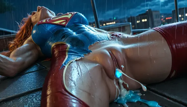 RAW image, Canon EOS R3, DSLR photo, 8k, best quality, (masterpiece:1.1), (realistic, photo-realistic:1.2), ultra high res, ((muscular), (fit and muscular)), backlight, (18 year old woman, redhead, beautiful), (close-up view of woman's face post-orgasm:1.3), (close view of face:1.4), (wet hair), (submissive look), rain, ((rainy weather)), a dark raining city rooftop, ((rooftop)), ((toned shiny sexy supergirl, full-body catsuit)), (shiny catsuit), (ultra-thin catsuit material), (red platform boots), (contorted on back with legs spread on a dark Skyscraper roof), sprawled on back, (body arched over broken and crushed metal rooftoop air-conditioner), (broken rooftop pieces laying around), (lying on top of wreckage), exhausted, (watery cum is flowing from the pussy:1.4), (magically glowing blue cum:1.2), rim light, jizzed, struggling, ((night, rain)), (torn clothes, revealing clothes:1.3), ((low color saturation:1.5)), <lora:BUT_SDXL_SHS:.6>, <lora:add-detail-xl:.6>, <lora:DetailedEyes_V3:.5>, <lora:dark:.3>