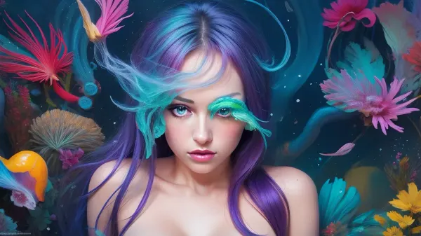 a portrait, abstract style cute, smoke, in the water, colorful and vibrant, mystical colors, contemporary, impressionism, iridescent perspective view, worm's-eye view, sweeping circling composition, large beautiful crystal eyes, big irises, a topless slender pretty woman with a very pretty coquettish face, non-representational, colors and shapes, expression of feelings, imaginative, #©KITTYART





































#©KITTYART