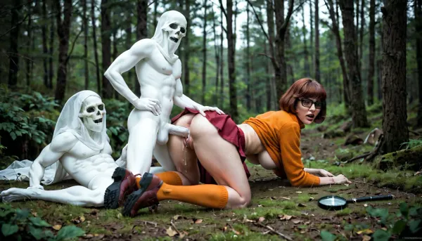 Velma from scooby doo in a haunted forest gangbang, gangbang, spitroast, spooky atmosphere, moody forest, a sheet ghost watches in the background, full body, on knees, arched back, view from behind, up skirt, white underwear, puffy pussy, holding a magnifying glass, massive tits, dripping wet pussy, juicy pussy, looking back at viewer, underboob, Velma1024, moody, forest, Sheetghost, pussy fuck, large dick, creampie, no panties, Person, <lora:Velma1024-000290:1.3>, <lora:363711_training_data:1.1>, <lora:SheetGhost SDXL LoRA - Trigger with Sheetghost Person:1>
