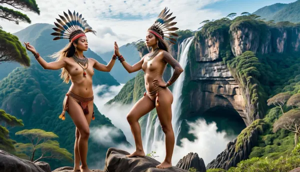 psychedelicai two naked 20-year-old girls standing doing tai chi in Indian headdresses and headscarves on a rocky outcrop in a lush, fantasy-like mountain landscape on the seashore. The scene is filled with tall trees, similar to the Araucaria angustiflora of Brazil, cascading waterfalls and misty mountains under a vibrant sky, and Hindu temples all around. The girls are adorned with intricate jewelry and bracelets and tribal tattoos suggesting a connection with nature, fractal, Meticulous, Refined, High-Quality, Well-executed, Extraordinary, Artistic Triumph, Unparalleled Masterwork, Sharp Focus, Precise Clarity, 32k, ultra-high resolution, Full-Frame DSLR, Global Illumination, Dynamic Lighting, soft particles, real-time ray tracing, extremely detailed, vedika, pinto, barbarian, detailxl, <lora:psychedelicai-SDXL:1.4>, <lora:Vedika_Pinto_SDXL_LoRA_adafactor:1.5>, <lora:RPGBarbariansXL:1.3>