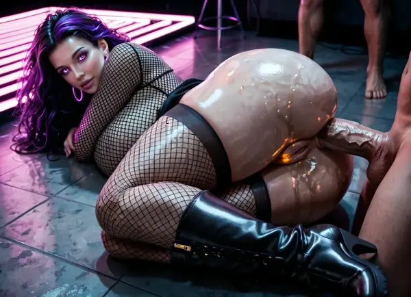 40 y.o. good looking woman, named Sophie, MILF, straight very long black hair, highly detailed pretty face with high cheek bones, big eyes, Caucasian, no makeup, pale skin, (oiled skin), curvaceous, very long legs, large ass, shaved pussy, huge giant breasts, seductive, experienced, exhibitionist, full body, no underwear, pussy lips exposed, (black thigh high fishnet stockings), long-sleeved black fishnet shirt, black ankle plateau boots, lying on floor, (lying on her side:1.3), pussy exposed, man lies behind her, (men fucks her ass from behind:1.3), anal sex, (his cock is deep inside her ass:1.2), (her legs are stretched out:1.2), crowded night club with lots of women and men in the background, (ultraviolet lighting:1.4), (glowing neon lights:1.2), (black light), fluorescence lighting, body paint, (view from above), <lora:uv style v2:1>, <lora:add-detail-xl:1>