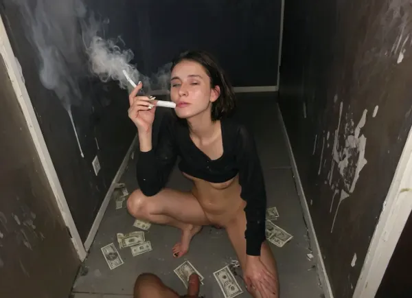 ((introvert grunge beatiful model freckled girl at a very crowded dirty college night party in 1992, partially clothed looking at camera)), (((while holding a cigarette in hand))), smokinglora, <lora:smoking_v2:.7>, <lora:EnvyZoomSliderXL01:-1>, she is sitting on the floor having a strong orgasm with hand in his panties, ((four of men standing beside her with their big dicks out)), the ambience is filled with haze and smoke, used condoms and cash around her in the floor, steaming bodie, lots of steam everywhere, bad smell and very stinky, oily skin, very dark room, crowded, dark walls, dimly lit, poor lighting, flash photo