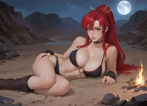 Sorce_anime, score_9, score_8_up, score_7_up, score_6_up, Yoko Littner, (gurren laggan), nipple slip, laying, (on side), fit body, huge round breasts, one knee aside, strocking out breasts, face close-up, fallout desert, bonfire, night, moon, Anime, painted, illustration, made in adobe illustrator, no gradients, incase style, concept, art, by, syd, mead, retro, futuristic, flat colors, ratatatat74, <lora:outline_xl_kohaku_delta_spv5x:.8>, <lora:ratatatat74-000050:.8>, <lora:cartoon_stickers_xl_v1:.8>, <lora:NEOTOKIOXL_0.2_RC:.8>
