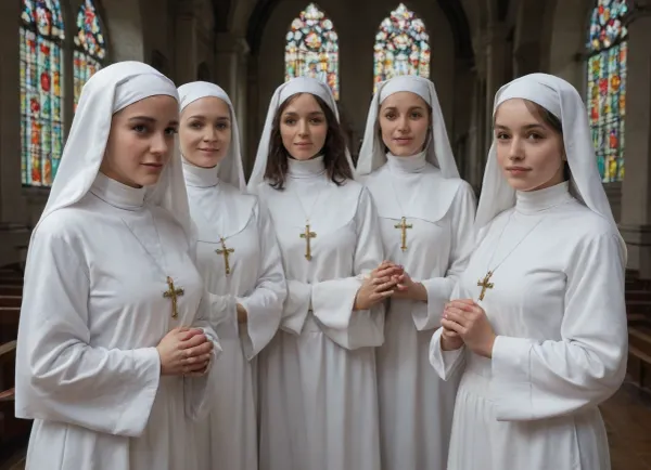 (Group of nuns), in a church, (white nun costume:1.2)