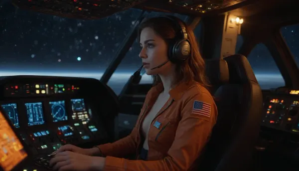 Beautiful young girl, in unbuttoned jumpsuit, sitting in the pilot's seat at the control panel of a spaceship, Milky Way and stars are visible behind the cockpit, full-length photo, profile view, 8K quality, super detailed image