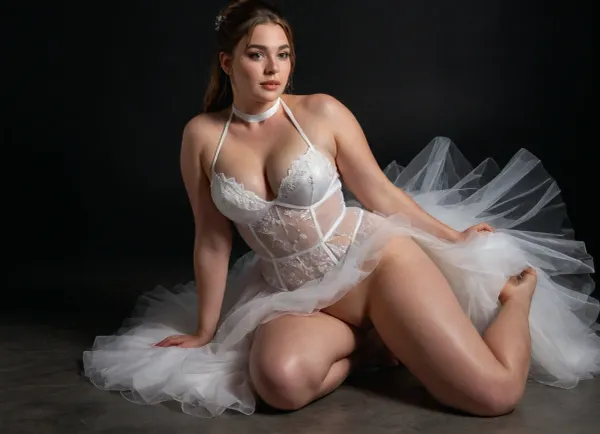 close up image, Design a modern wedding dress for a woman, featuring a bold and elegant upper part exactly like this, a sleeveless halter-style top made of glossy white satin with a crisscross neckline that ties at the neck, structured cups with underbust cutouts, and a sheer corset-style midsection with white boning and subtle floral embroidery, extending just above the waist. The lower part of the dress is a multi-layered tulle skirt with a modern, sexy sheer lace G string, voluminous silhouette, starting from the waist and flowing to the floor with a short train, (approximately 50 cm), . The tulle skirt is adorned with delicate, sparse floral embroidery and has soft, wavy edges. The dress includes a long bridal veil, (reaching the waist), made of sheer tulle with floral-embroidered edges, draped over the shoulders. The overall color is pure white, combining glossy satin, sheer mesh, and lightweight tulle. The dress should exude a blend of modern boldness and classic bridal elegance, perfect for an unconventional wedding. The setting is a minimal, dark photography studio with a sleek black background, soft spotlighting to highlight the dress’s details, and a smooth, reflective floor for a dramatic effect., underb00bhalter, bikini, swimsuit, plump, skindentation, chubby, bbw, venus, big, breasts, ass, detailed, eyes, perfect, freckles, skin, texture, photorealistic, close_up_detailed_shot_of1, full, body, all, fours, kneeling, spread, legs, top-down, bottom-up, single, leg, stepped, on, head, ground, <lora:triangle-bikini-XL-000006:2>, <lora:Chubby BBW - XL:.7>, <lora:Super_Eye_Detailer_By_Stable_Yogi_SDPD0:.7>, <lora:close_up_detailed_shot_of1:1.4>, <lora:SteppedOnHead-anxl31-000099:2>
