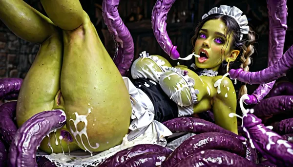 Beautiful goblin woman., green skin, large breasts. Hair in braids. Milk maid dress. Breasts exposed. Held in air by purple tentacles. Thick Purple tentacles fucking asshole. Asshole stretched by thick purple tentacles. Thick purple tentacles coming out of goblin stretched open mouth all tentacles are ejaculating.