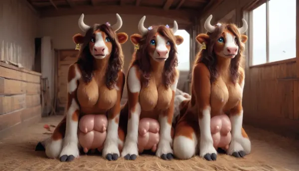The image is an illustration of 2 furry brown shorthorn cattle female are on their knees. Females are completely naked and with late-term pregnant. Females has curly hair and a flower in their hair. Female is very horny. Females bellies ready to pop. Females breastfeeds each other. 2girls, nude, (((cattle udders with 4 teats like a cattle:1.4))), brown fursuit, <lora:FursuitXL:1.5>