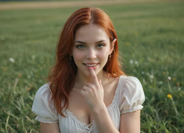 A highly detailed and vivid fantasy work of art in a dystopian yet endearing style, depicting a 21-year-old mischievous elf-like creature in a field of blooming wildflowers and grass, she has long fiery red hair flowing down her body, an hourglass figure with a full bust, narrow waist and wide hips. The semi-sheer tunic barely covers her voluptuous curves. Her sharp claws and pointed elven ears are clearly visible as she lies on the bare ground with a playful fanged grin. Despite the gloomy setting, the scene exudes a whimsical charm, and the soft sunlight filtering through the clouds accentuates its bestial beauty. The art style combines elements of dark fantasy with a cute aesthetic, focusing on her youthful mischief and wild nature., fingering, schlick, masturbation, <lora:284418_training_data:.8>