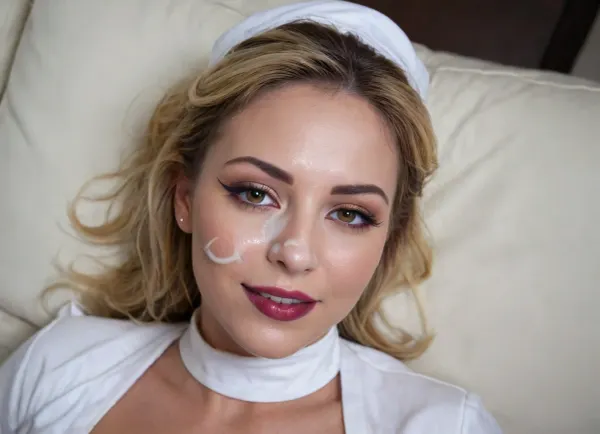 lightly smiling woman with a warm expression with thick white cum on her face, golden eyes, (bold winged eyeliner), elegant ombre hair, laying on her side, (indirect lighting), eye contact, 8k, mouth open, very dark lipstick, facial, white cum on face, covered in thick white cum, slutty nurse outfit, <lora:Facials:.2>