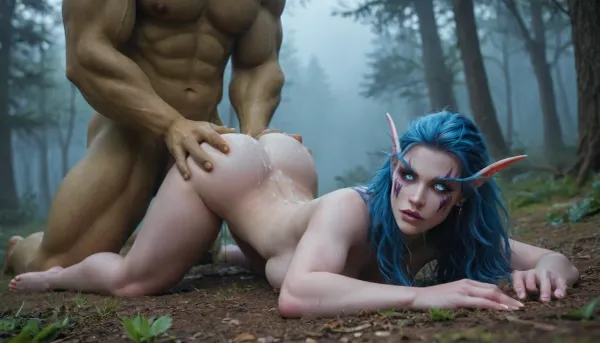 (Giant Muscular bright green Orc), (small thin Night elf woman, long pointy ears, bright blue hair, glowing blue eyes, warcraft:1.1), (dark purple skin, purple elven face markings:1.2), pussy focus, laying on back anal, ((face down on the ground, ass up)), grabbing neck with hands, (cum on ass:1.4), cum from anal, magical forest, blue fog, at night, ((sideboob visible)), (wide hips:1.5), (arched back:1.3), (soft ass:1.4), ((ass spread apart)), BadX, WoW-ish, <lora:WoW-ish:.8>