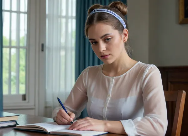 The image shows a young woman sitting at a table with an open notebook in front of her. She is wearing a very very wide opened transparent light white blouse and no bra under it, (her left titt is falling out of her blouse. other titt is looking half outside), Her delicate and petite skin shines through the transparent blouse, making all the contours of her body look and feel very aesthetic. Her hard nipples stand out. you can see in her face that she likes it to be exposed. she bite on her lips like a horny young girl that is not far away from her first clitorial multiple orgasm, she opened more her blouse. her nipples are very well visibly under the blouse and the dark red coloured hard nipples shine through the transparent fabric. her hair is tied up in a bun with a black and white striped headband. The woman is holding a blue pen and appears to be writing in the notebook. The background is blurred, but it seems like she is in a room with a window and curtains. The overall mood of the image is focused and contemplative.
