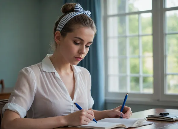 The image shows a young woman sitting at a table with an open notebook in front of her. She is wearing a very very wide opened transparent light white blouse and no bra under it, (her left titt is falling out of her blouse. other titt is looking half outside), Her delicate and petite skin shines through the transparent blouse, making all the contours of her body look and feel very aesthetic. Her hard nipples stand out. you can see in her face that she likes it to be exposed. she bite on her lips like a horny younger girl who is discovering her first expressions with the anatomy of the other sex, she opened more her blouse. Her dark red and 5-Mark-sized hard nipples are very well visible under the blouse and shine through the transparent fabric. her hair is tied up in a bun with a black and white striped headband. The woman is holding a blue pen and appears to be writing in the notebook. The background is blurred, but it seems like she is in a room with a window and curtains. The overall mood of the image is focused and contemplative.