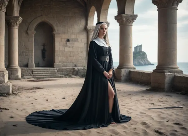nun, abandoned castle, sword, throne, long dress, muscular figure, smol tits, beach, long hair bracelet, bracelet, necklace.