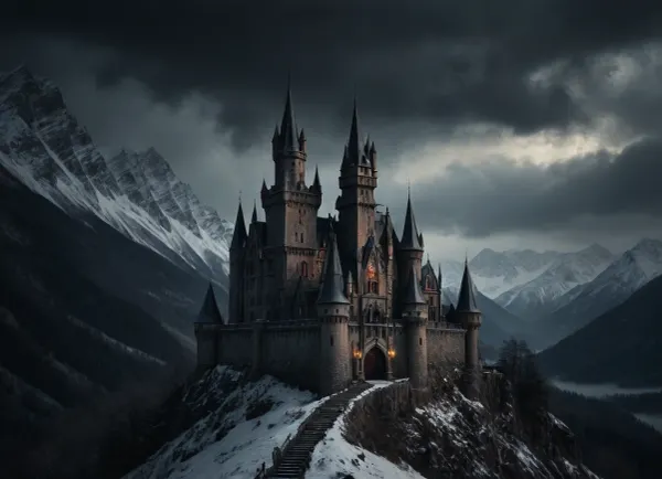 mountains, fantasy, gothic vampires castle, winter, storm, outdoors, photography