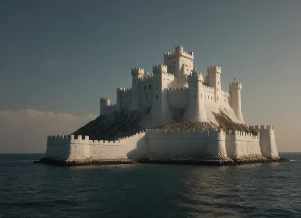 fantasy, A Wasterland white fort on the sea, ((sun day)), boat, outdoors, photography