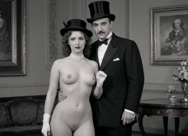 A vintage black and white portrait featuring, (a man in a formal suit and top hat:1.5), (standing with a cane:1.3), . A beautiful curvy woman is sitting on a chair next to him, (a woman full nude:1.5), shaved pussy, plump slightly saggy breasts, adorned with floral accessories in her hair, leans against the table. The table holds a few flowers, and the overall atmosphere is one of elegance and nostalgia, resembling a scene from the early 20th century. The background is softly blurred, enhancing the focus on the couple's poses and attire.