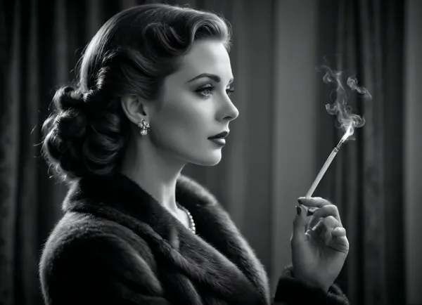 Create a vintage black and white image of a sophisticated woman in profile, elegantly styled with wavy hair and subtle accessories like hairpins and pearl jewelry. She holds a long cigarette holder, exhaling a thin trail of smoke. Drape her in a luxurious fur coat, with a soft focus background that enhances the aura of glamour and nostalgia. Emphasize the chiaroscuro lighting to highlight her features and create a classic, timeless ambiance.