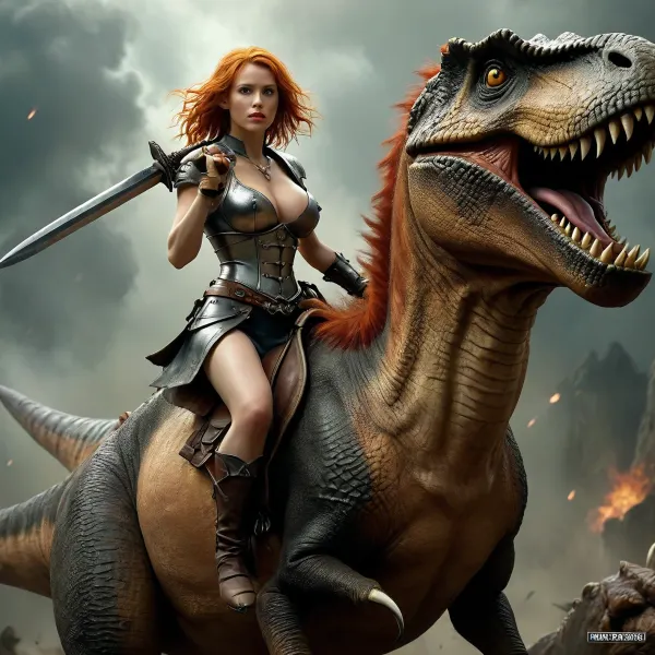 Ginger Joan of Arc riding a tyrannosaurus rex, riding, girl on the back of a T-Rex, in the style of a heavy metal album cover, holding a broad sword, large, breasts, big, boobs, huge, tits, <lora:MJ52:.8>, <lora:bombshell_v2:.4>