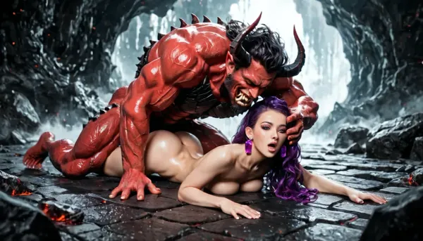 succube costume white woman, violet hair, monster fucking her ass prone bone, arched back, hand on head, hell, domination, monster expression orgasm, full body