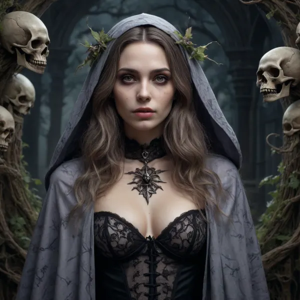 A detailed, pastel colored Gothic-style drawing. It depicts a coquettish witch with long, wavy hair, wearing a tattered cloak. topless. Her face is painted grotesque. Surrounding her are skulls, bats, and twisting, thorny vines, creating a macabre, eerie atmosphere. The background is densely filled with intricate, organic patterns. Dark, mystical atmosphere. #©KITTYART

























#©KITTYART